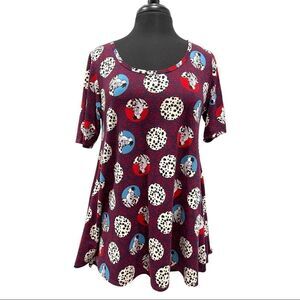 LuLaRoe Disney Villains Cruella Deville Perfect Tee Burgundy Polka Dot Sz S